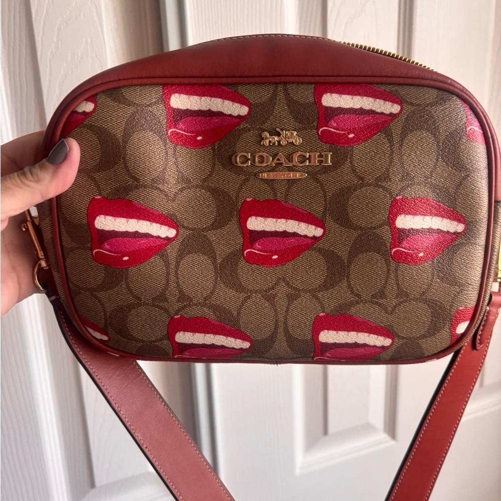 Coach Red and Brown Crossbody Bag with Lips Design